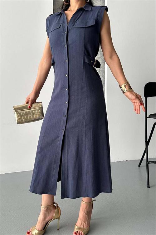 Kadın Lacivert Keten Kumaş Apoletli Düğmeli Midi Elbise HSZ051 