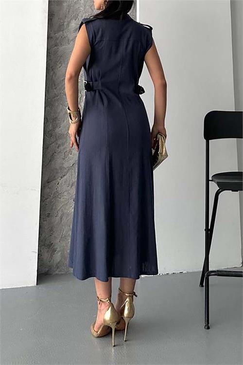 Kadın Lacivert Keten Kumaş Apoletli Düğmeli Midi Elbise HSZ051 