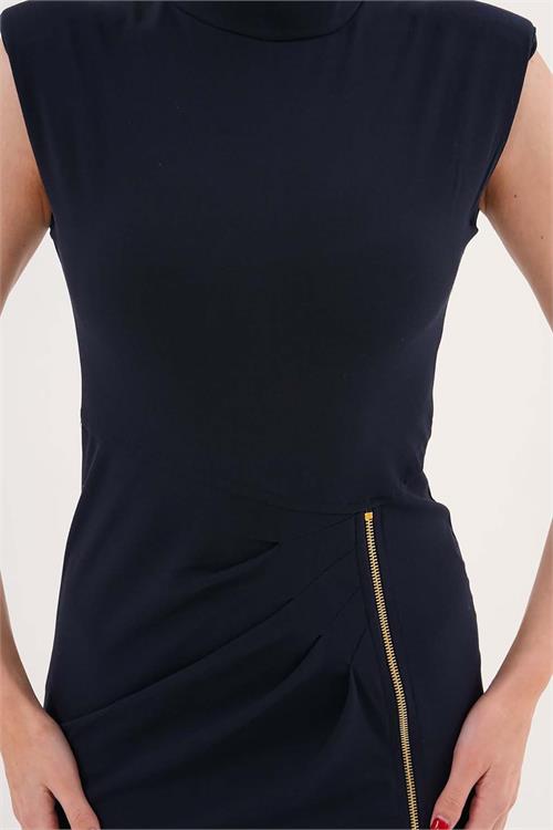 Kadın Lacivert Poli Viskon Kumaş Fermuar Detaylı Yırtmaçlı Dik Yaka Uzun Elbise HSZ071 