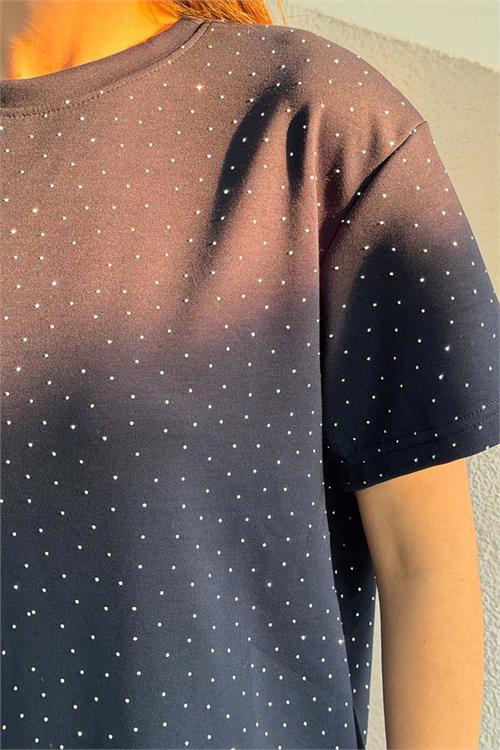 Kadın Lacivert Taş Serpme Detaylı Tişört Pantolon Takım Cepli Rahat Kalıp HSZ042 