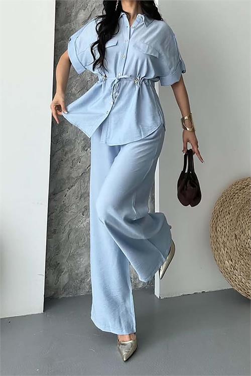 Kadın Mavi Bağlama Detaylı Apoletli Keten Gömlek Pantolon Takım HSZ057 