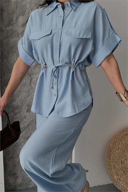 Kadın Mavi Bağlama Detaylı Apoletli Keten Gömlek Pantolon Takım HSZ057 