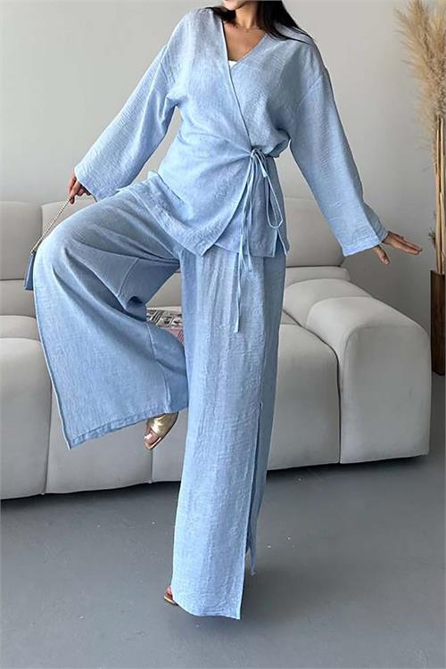 Kadın Mavi Keten Kumaş Pantolonlu İkili Takım HSZ053 