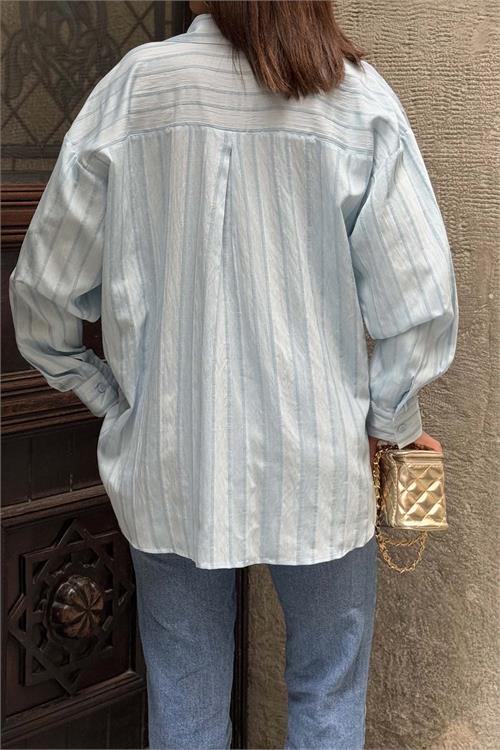 Kadın Mavi Çizgili Oversize Gömlek Düğmeli Cepli Uzun Kollu HSZ062 