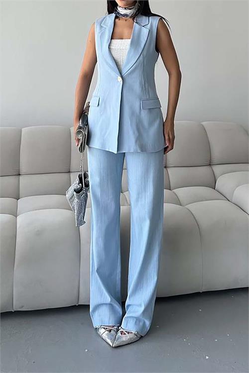 Kadın Mavi Keten Kumaş Cepli Pantolon & Cep Kapaklı Blazer Yelek İkili Takım HSZ052 