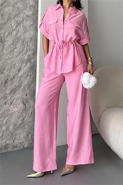 Kadın Pembe Bağlama Detaylı Apoletli Keten Gömlek Pantolon Takım HSZ057 