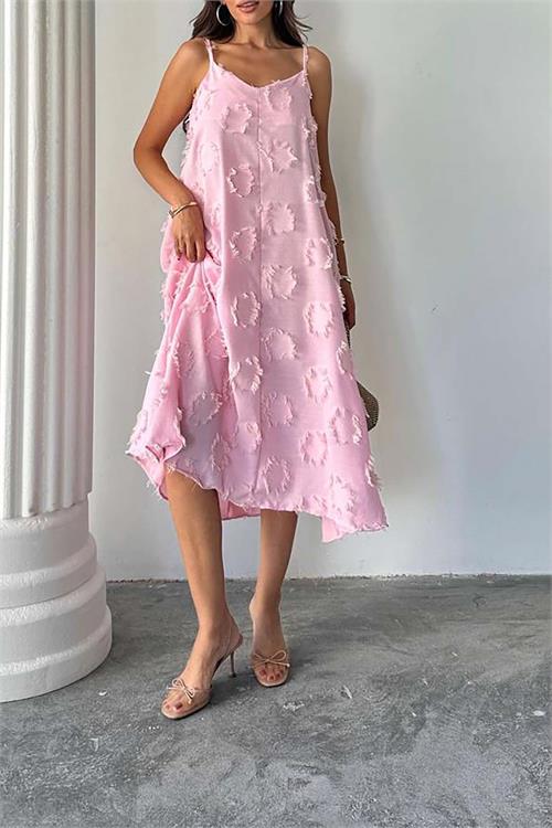 Kadın Pudra Askılı Keten Midi Elbise Salaş Kesim Yazlık Rahat Elbise HSZ050 