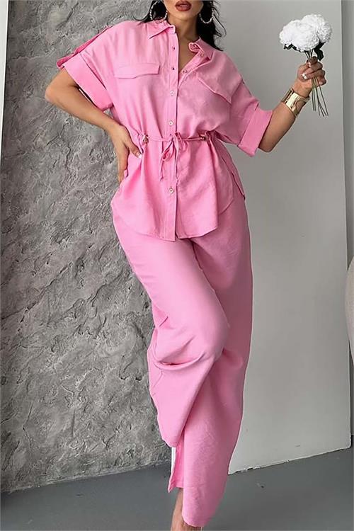 Kadın Pembe Bağlama Detaylı Apoletli Keten Gömlek Pantolon Takım HSZ057 