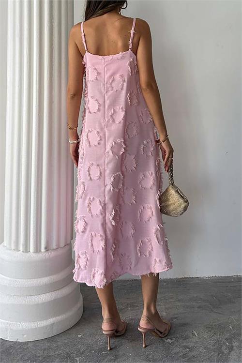 Kadın Pudra Askılı Keten Midi Elbise Salaş Kesim Yazlık Rahat Elbise HSZ050 