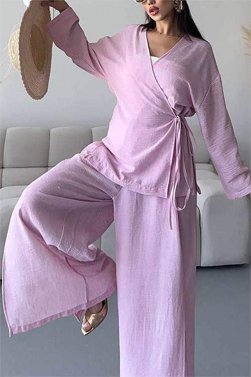 Kadın Pembe Keten Kumaş Pantolonlu İkili Takım HSZ053 