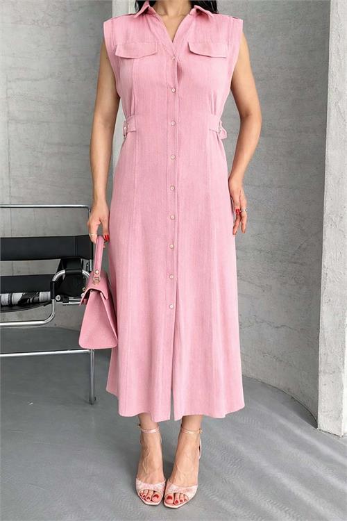 Kadın Pudra Keten Kumaş Apoletli Düğmeli Midi Elbise HSZ051 