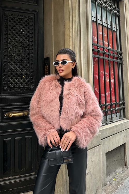 Kadın Pembe Krop Astarlı Kürk Mont HSZ008 