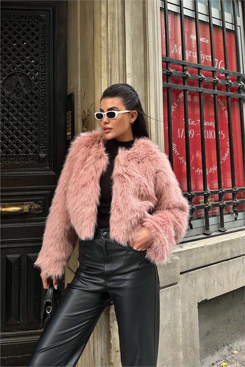 Kadın Pembe Krop Astarlı Kürk Mont HSZ008 