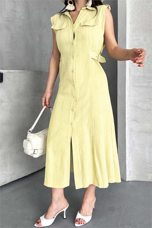 Kadın Sarı Keten Kumaş Apoletli Düğmeli Midi Elbise HSZ051 