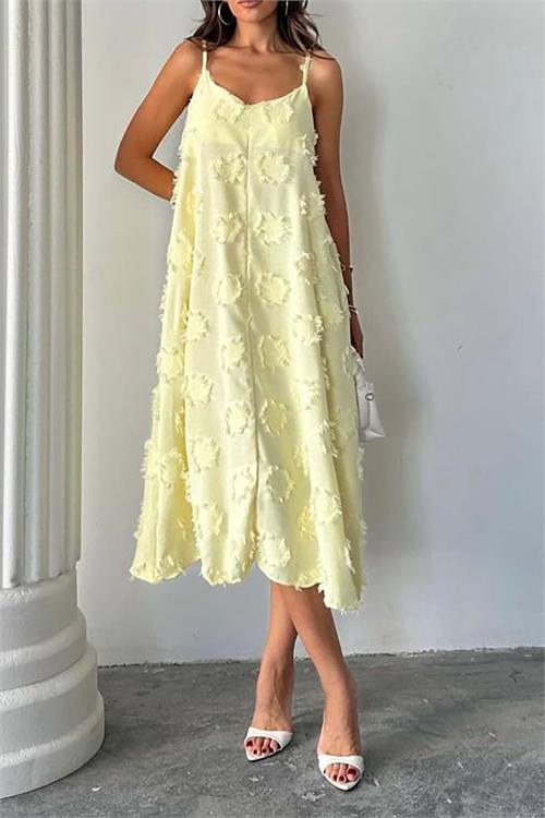 Kadın Sarı Askılı Keten Midi Elbise Salaş Kesim Yazlık Rahat Elbise HSZ050 