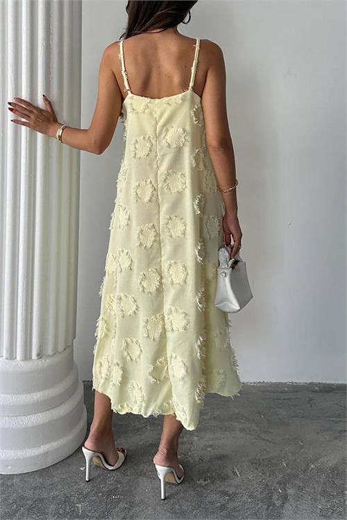 Kadın Sarı Askılı Keten Midi Elbise Salaş Kesim Yazlık Rahat Elbise HSZ050 