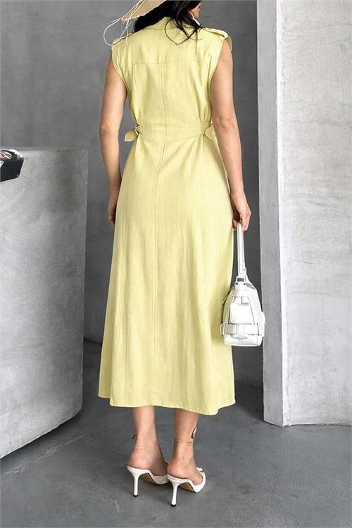 Kadın Sarı Keten Kumaş Apoletli Düğmeli Midi Elbise HSZ051 
