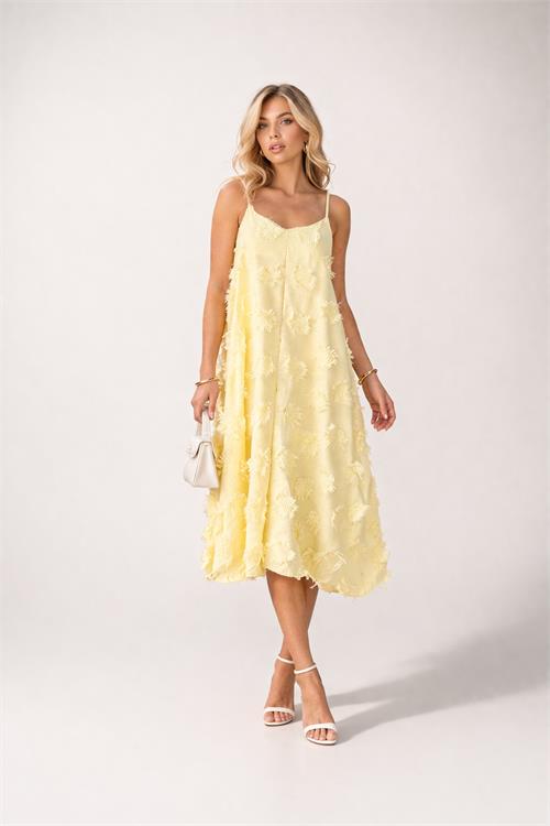 Kadın Sarı Askılı Keten Midi Elbise Salaş Kesim Yazlık Rahat Elbise HSZ050 