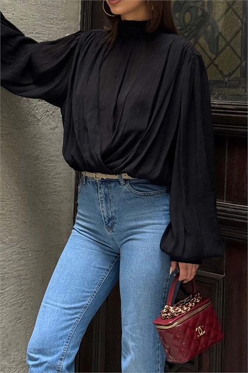 Kadın Siyah Drapeli Modal Bluz Balıkçı Yaka Uzun Kollu HSZ058 