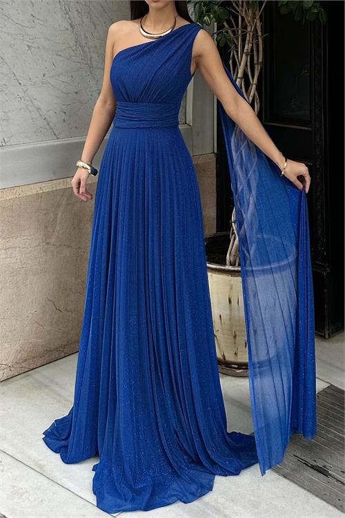 Kadın Saks Tek Omuz Simli Piliseli Tül Uzun Abiye Elbise Astarlı HSZ046 