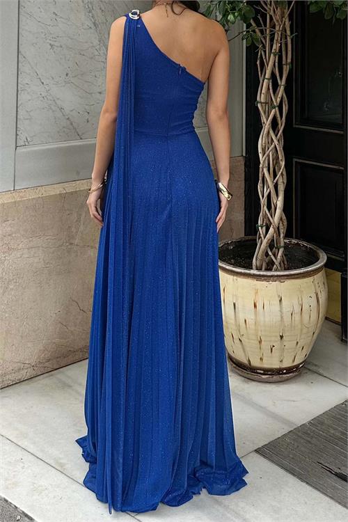 Kadın Saks Tek Omuz Simli Piliseli Tül Uzun Abiye Elbise Astarlı HSZ046 