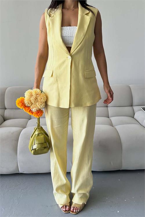 Kadın Sarı Keten Kumaş Cepli Pantolon & Cep Kapaklı Blazer Yelek İkili Takım HSZ052 