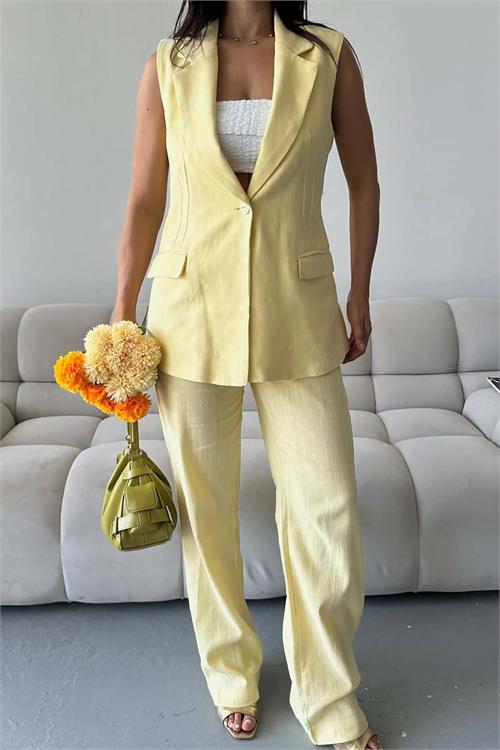 Kadın Sarı Keten Kumaş Cepli Pantolon & Cep Kapaklı Blazer Yelek İkili Takım HSZ052 