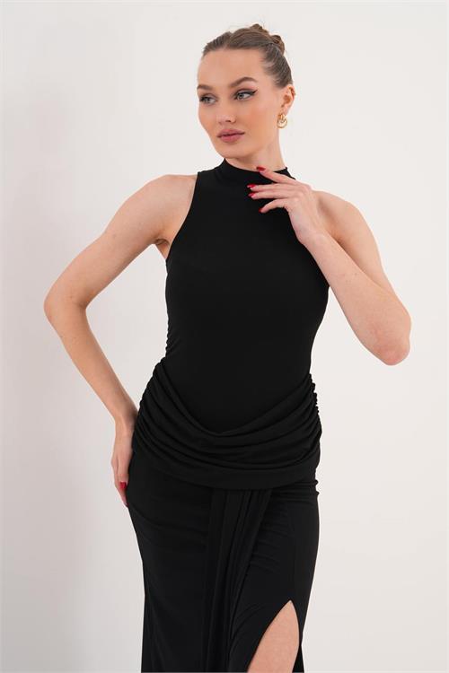 Kadın Siyah Drapeli Kuyruk Detaylı Yüksek Yaka Uzun Sandy Kumaş Elbise HSZ067 