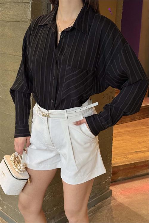 Kadın Siyah Çizgili Oversize Gömlek Düğmeli Cepli Uzun Kollu HSZ062 