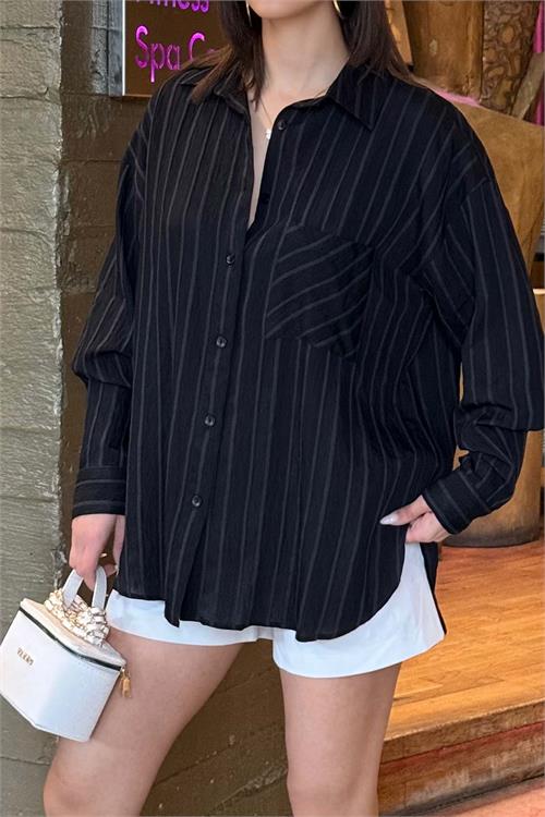 Kadın Siyah Çizgili Oversize Gömlek Düğmeli Cepli Uzun Kollu HSZ062 