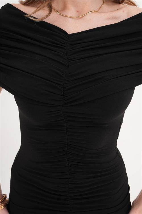 Kadın Siyah Sandy Kumaş Uzun Yırtmaçlı Elbise Değişebilir Omuz Detaylı HSZ065 