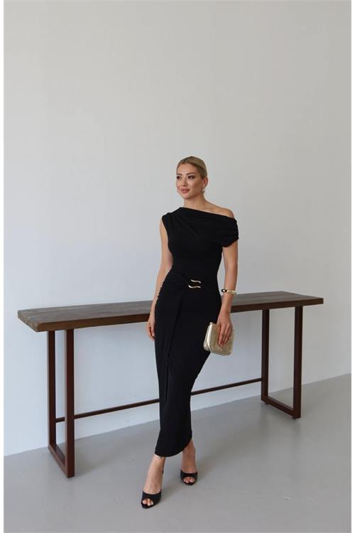 Kadın Siyah Örme Sandy Kumaş Likralı Esnek Drapeli Aksesuar Detaylı Midi Elbise HSZ072 