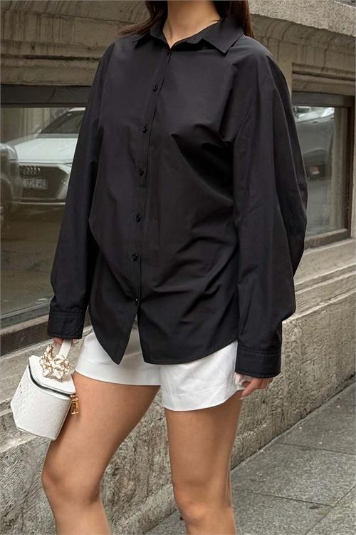 Kadın Siyah Oversize Gömlek Düğmeli Uzun Kollu Şık Kesim HSZ059 