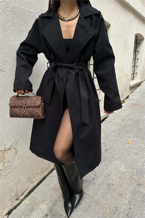 Kadın Siyah Kuşaklı Düğmeli Bondit Kumaş Su Gecirmez Trençkot HSZ028 