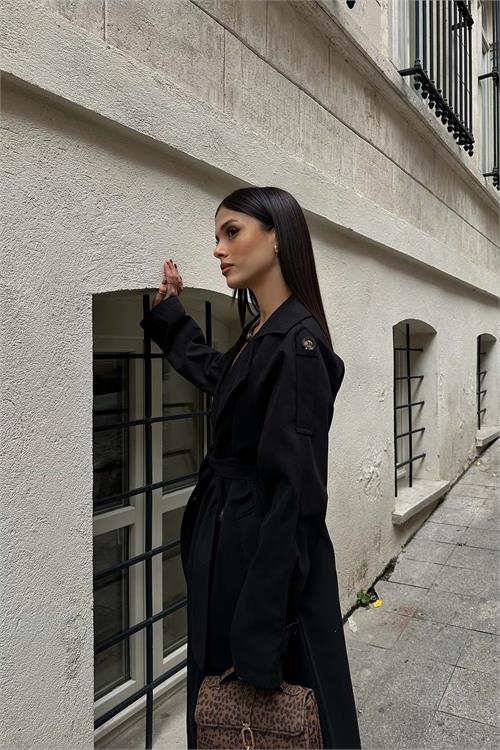 Kadın Siyah Kuşaklı Düğmeli Bondit Kumaş Su Gecirmez Trençkot HSZ028 