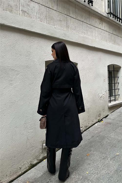 Kadın Siyah Kuşaklı Düğmeli Bondit Kumaş Su Gecirmez Trençkot HSZ028 