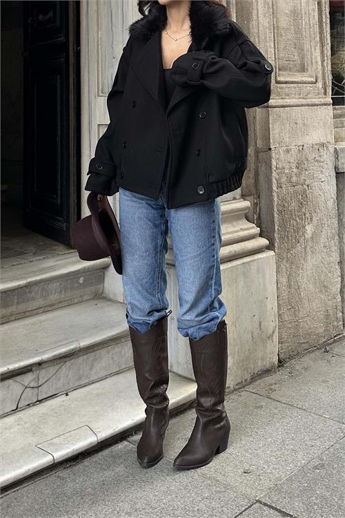 Kadın Siyah Kürk Yaka Detaylı Oversize Mont Cepli HSZ021 