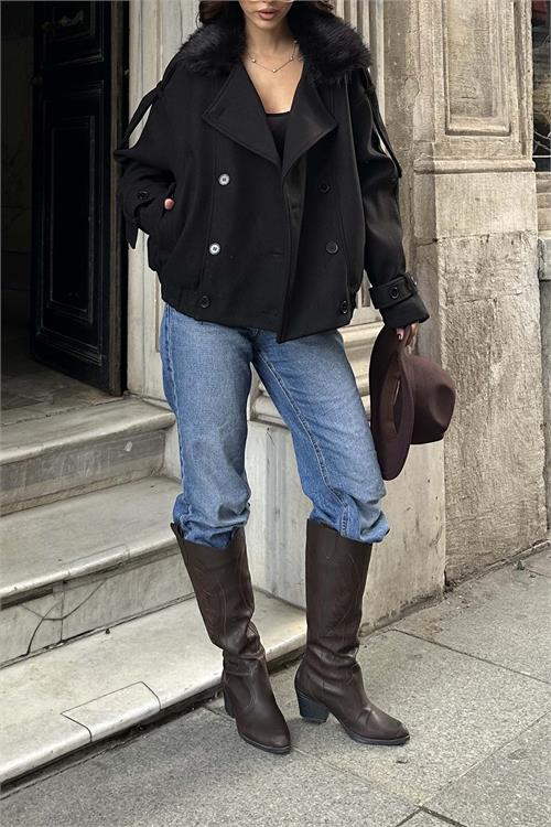 Kadın Siyah Kürk Yaka Detaylı Oversize Mont Cepli HSZ021 