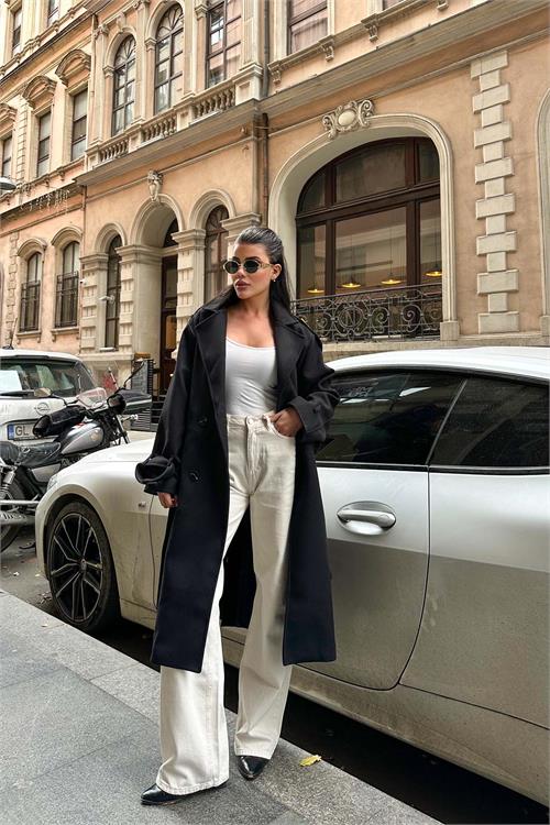 Kadın Siyah Kuşaklı Kruvaze Yaka Uzun Kaşe Kaban HSZ001 