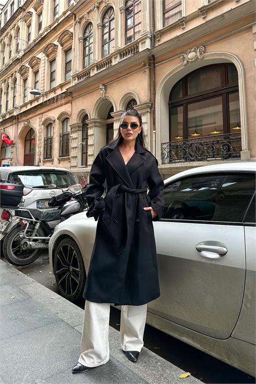 Kadın Siyah Kuşaklı Kruvaze Yaka Uzun Kaşe Kaban HSZ001 