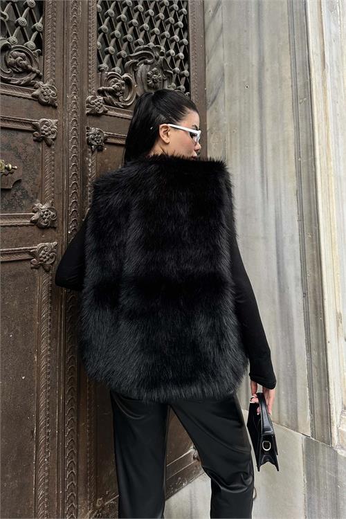 Kadın Siyah Astarlı Kolsuz Kürk Yelek HSZ009 