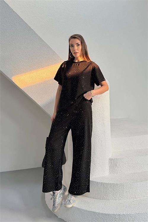 Kadın Siyah Taş Serpme Detaylı Tişört Pantolon Takım Cepli Rahat Kalıp HSZ042 