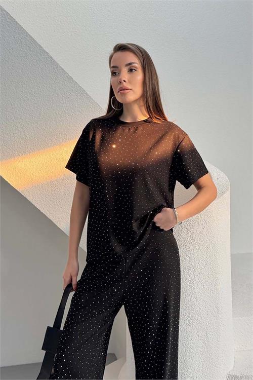 Kadın Siyah Taş Serpme Detaylı Tişört Pantolon Takım Cepli Rahat Kalıp HSZ042 