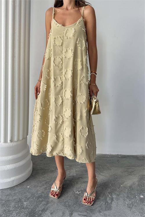 Kadın Vizon Askılı Keten Midi Elbise Salaş Kesim Yazlık Rahat Elbise HSZ050 