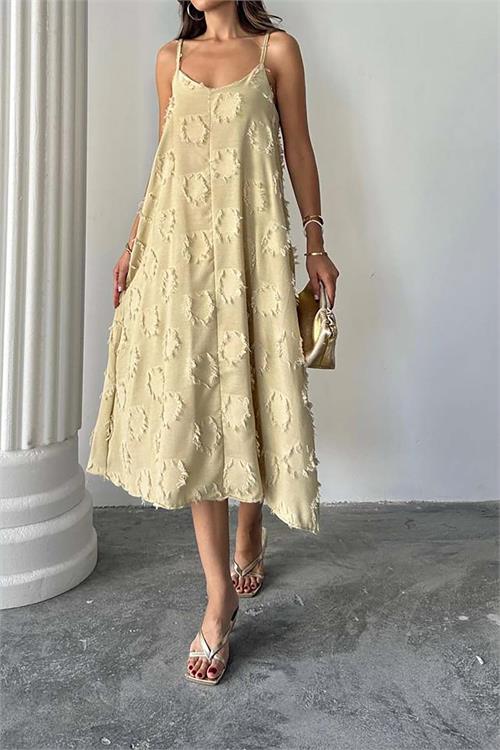 Kadın Vizon Askılı Keten Midi Elbise Salaş Kesim Yazlık Rahat Elbise HSZ050 