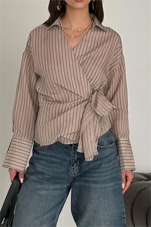 Kadın Vizon Çizgili Kruvaze Yandan Bağlamalı Gömlek HSZ055 