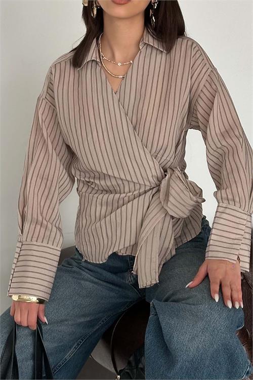 Kadın Vizon Çizgili Kruvaze Yandan Bağlamalı Gömlek HSZ055 