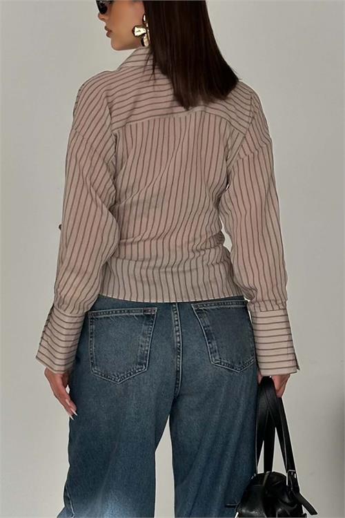 Kadın Vizon Çizgili Kruvaze Yandan Bağlamalı Gömlek HSZ055 