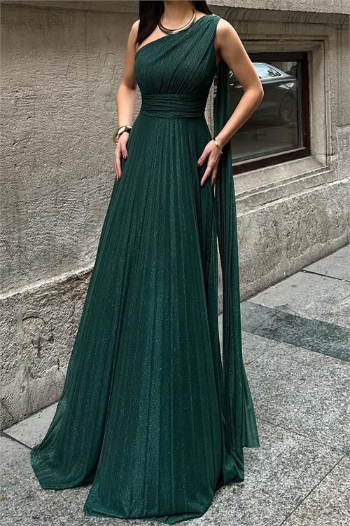 Kadın Zümrüt Yeşil Tek Omuz Simli Piliseli Tül Uzun Abiye Elbise Astarlı HSZ046 