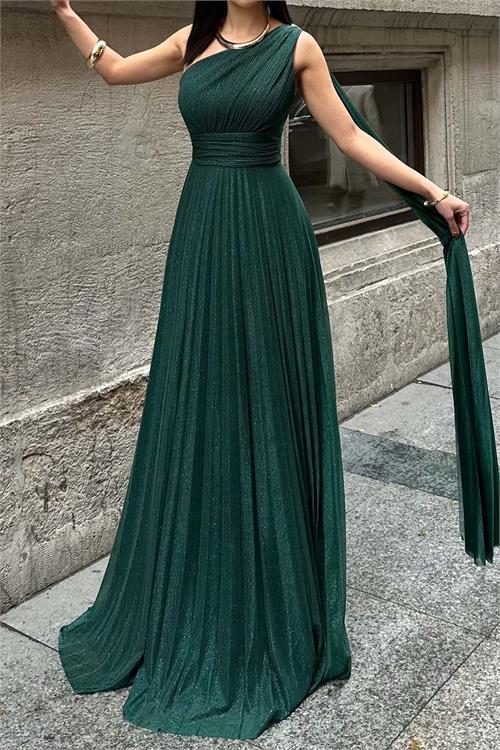 Kadın Zümrüt Yeşil Tek Omuz Simli Piliseli Tül Uzun Abiye Elbise Astarlı HSZ046 